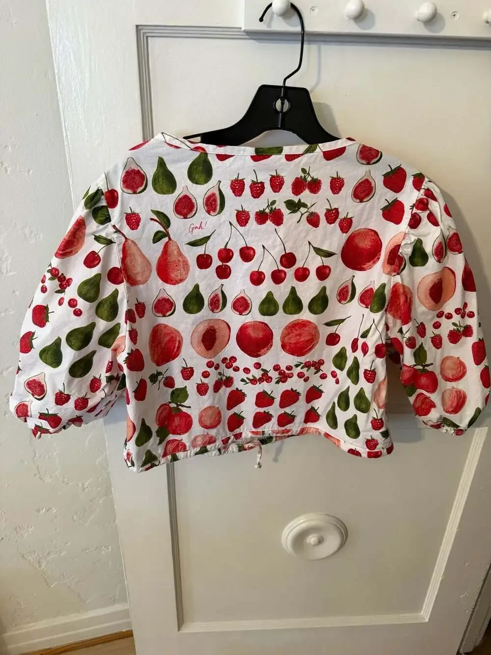 Lisa Says Gah Fruit Print Puff Sleeve Tie-Front Top Size L - Picture 3 of 4